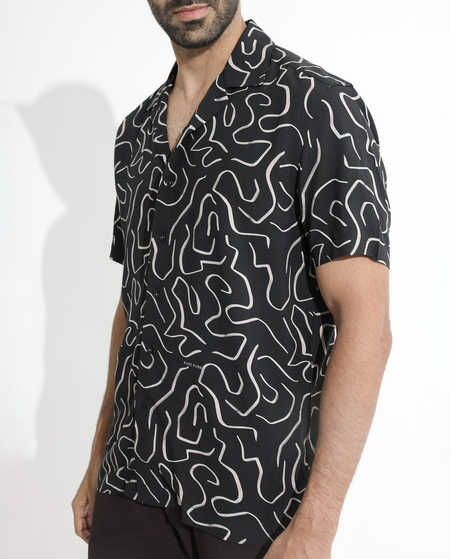 Rare Rabbit Men's Castro Black Viscose Abstract Print Regular Fit Half Sleeve Cuban Collar Shirt