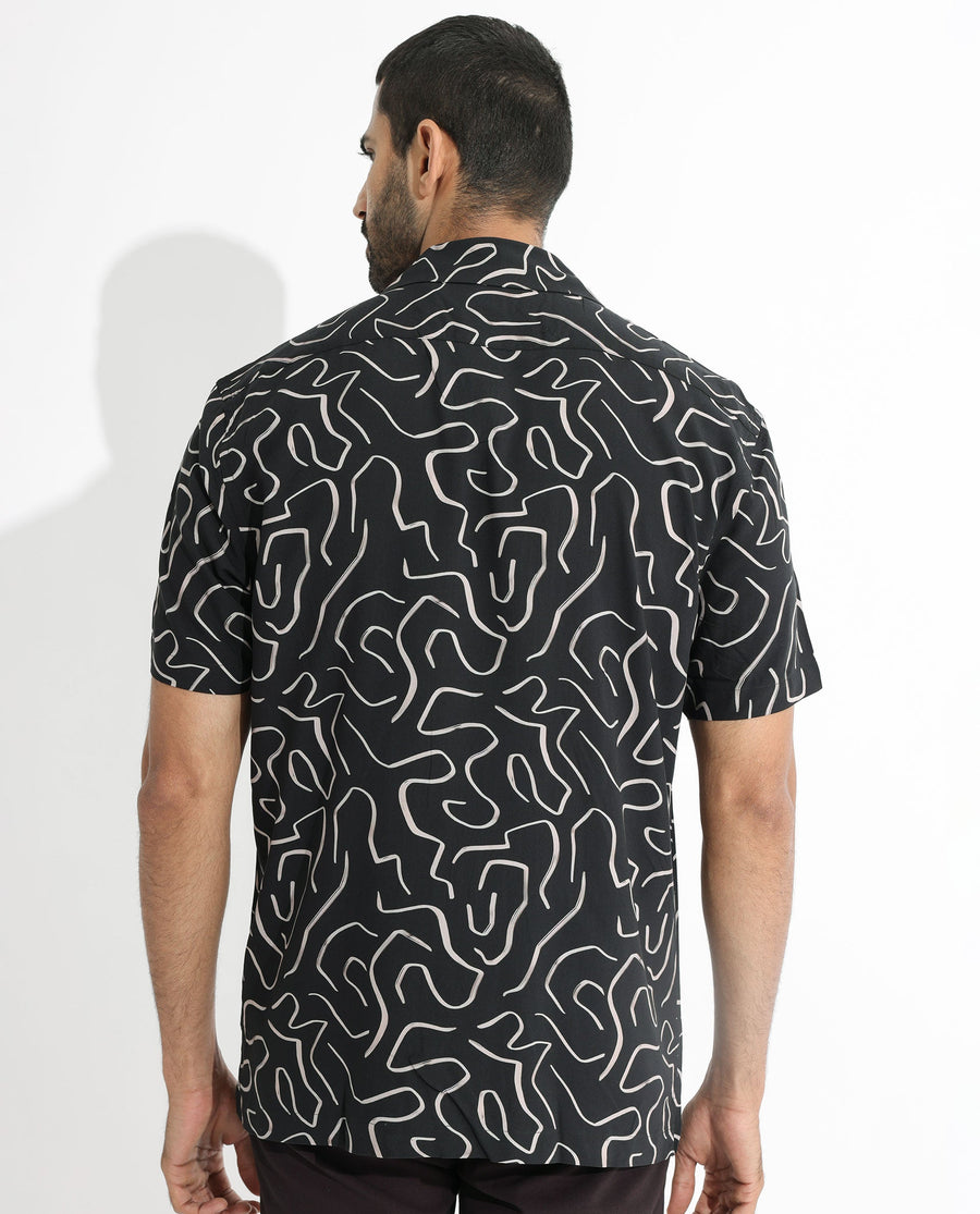 Rare Rabbit Men's Castro Black Viscose Abstract Print Regular Fit Half Sleeve Cuban Collar Shirt
