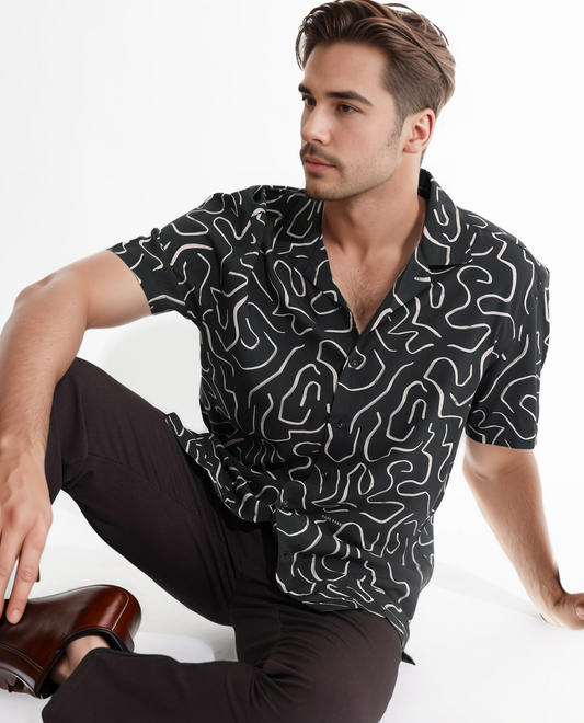 Rare Rabbit Men's Castro Black Viscose Abstract Print Regular Fit Half Sleeve Cuban Collar Shirt