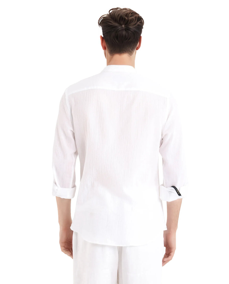 Rare Rabbit Men's Crinkle-25 White Plain Regular Fit Full Sleeve Mandarin Collar Shirt