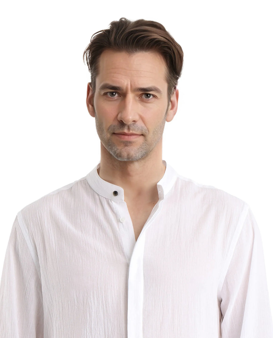Rare Rabbit Men's Crinkle-25 White Plain Regular Fit Full Sleeve Mandarin Collar Shirt