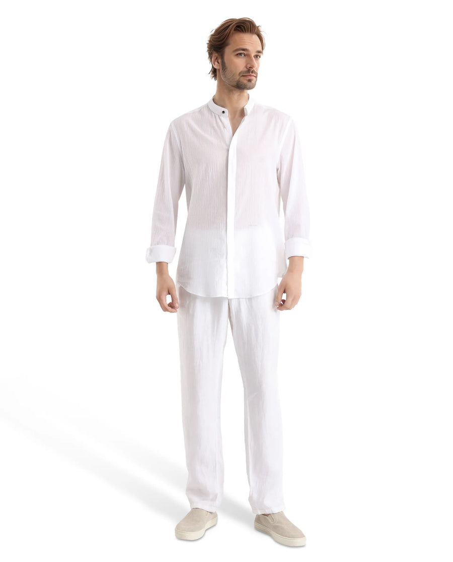 Rare Rabbit Men's Crinkle-25 White Plain Regular Fit Full Sleeve Mandarin Collar Shirt