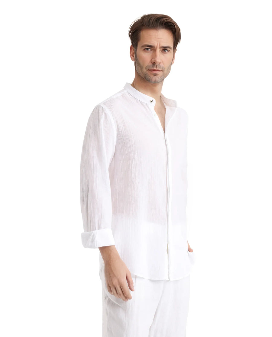 Rare Rabbit Men's Crinkle-25 White Plain Regular Fit Full Sleeve Mandarin Collar Shirt