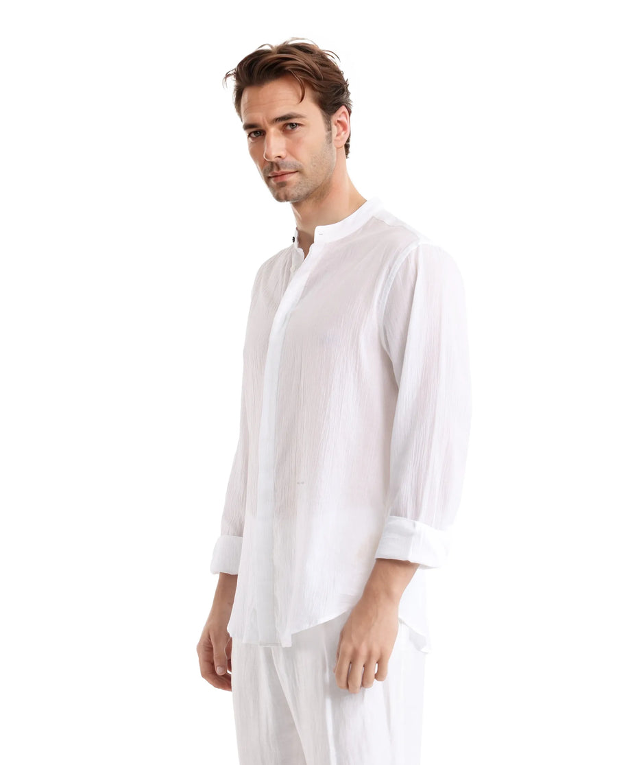 Rare Rabbit Men's Crinkle-25 White Plain Regular Fit Full Sleeve Mandarin Collar Shirt