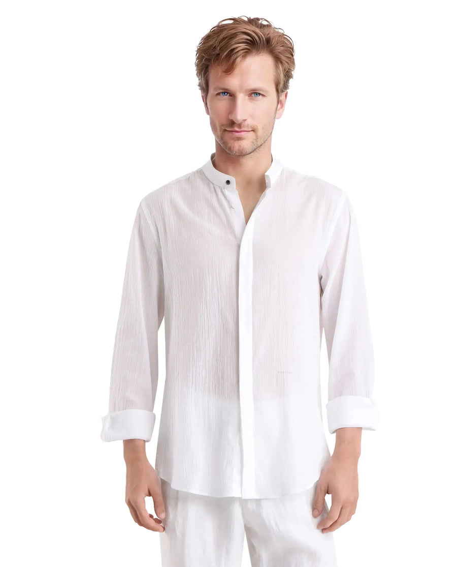 Rare Rabbit Men's Crinkle-25 White Plain Regular Fit Full Sleeve Mandarin Collar Shirt
