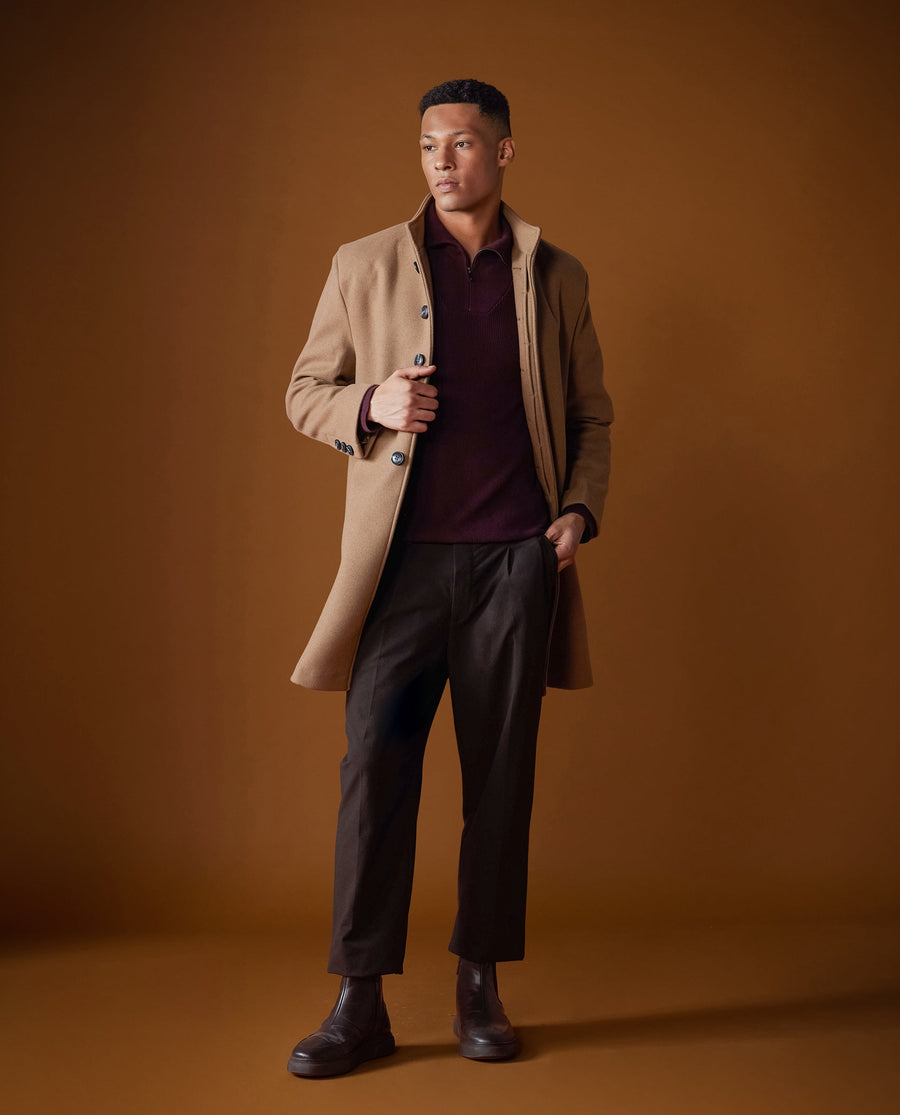 Rare Rabbit Men's Dune-2 Mustard Polyester Plain Relaxed Fit Full Sleeve High Neck Coat