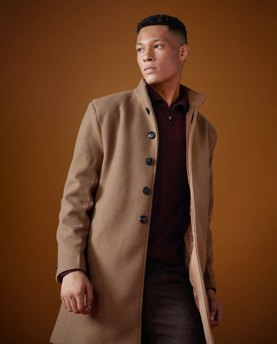 Rare Rabbit Men's Dune-2 Mustard Polyester Plain Relaxed Fit Full Sleeve High Neck Coat