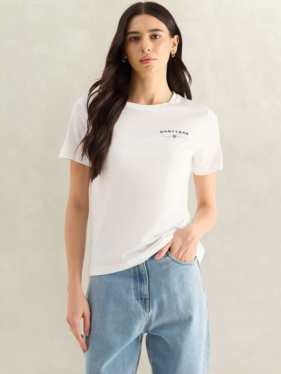 Gant Women White Solid Regular Fit Pure Cotton T-Shirt