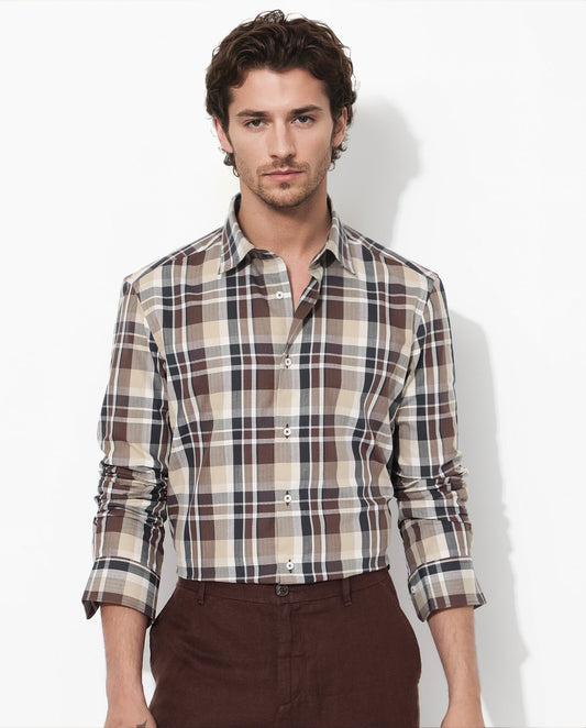 Rare Rabbit Men's Dae Brown Cotton Checked Print Regular Fit Full Sleeve Collared Shirt