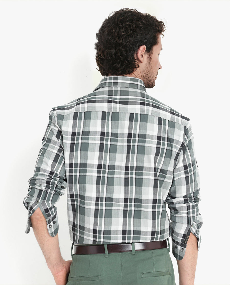 Rare Rabbit Men's Dae Green Cotton Checked Print Regular Fit Full Sleeve Collared Shirt