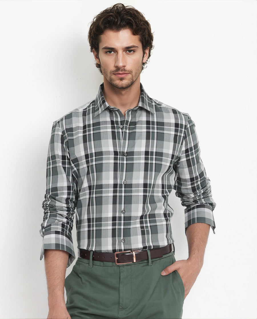 Rare Rabbit Men's Dae Green Cotton Checked Print Regular Fit Full Sleeve Collared Shirt