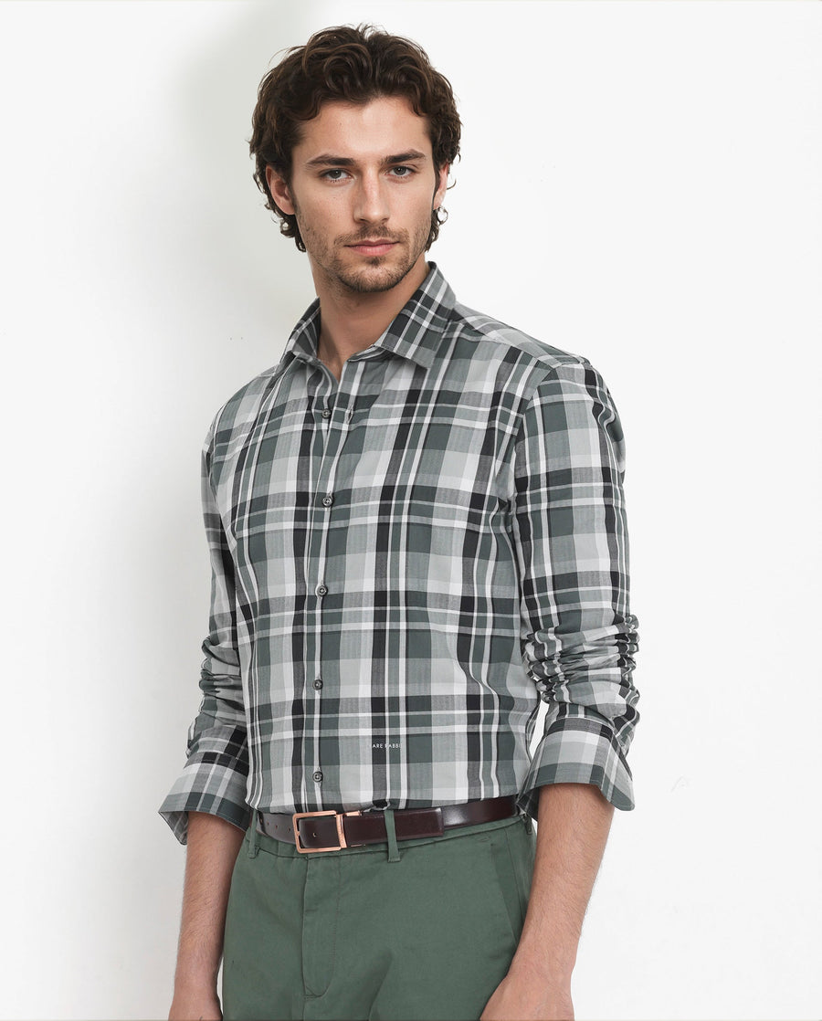Rare Rabbit Men's Dae Green Cotton Checked Print Regular Fit Full Sleeve Collared Shirt