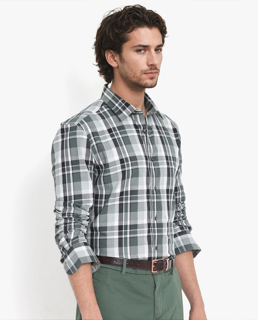 Rare Rabbit Men's Dae Green Cotton Checked Print Regular Fit Full Sleeve Collared Shirt