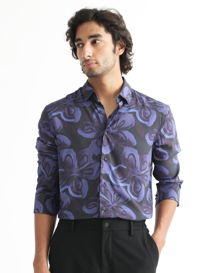 Rare Rabbit Men's Daize Purple Viscose Floral Print Regular Fit Full Sleeve Collared Shirt