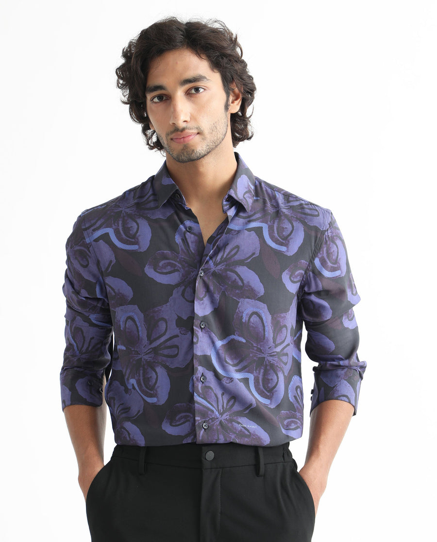 Rare Rabbit Men's Daize Purple Viscose Floral Print Regular Fit Full Sleeve Collared Shirt