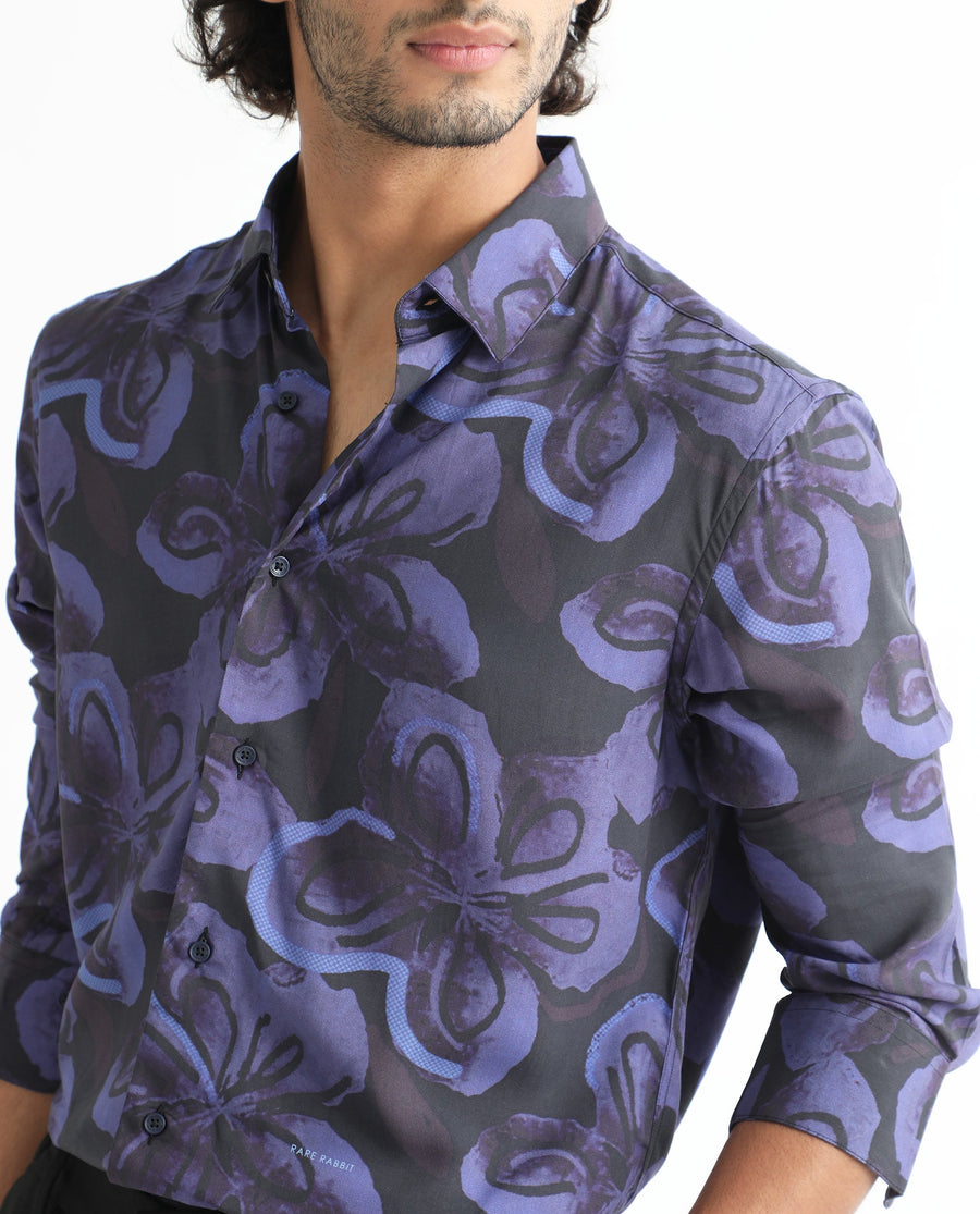 Rare Rabbit Men's Daize Purple Viscose Floral Print Regular Fit Full Sleeve Collared Shirt