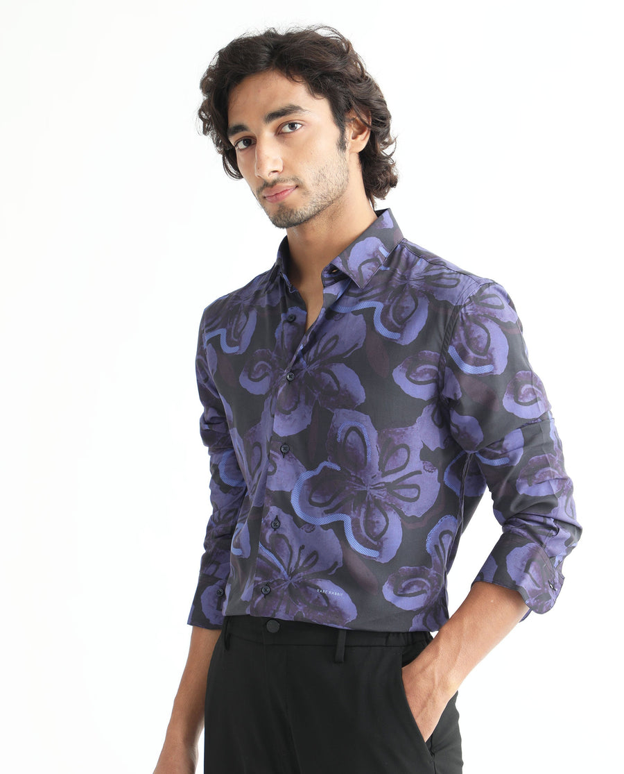 Rare Rabbit Men's Daize Purple Viscose Floral Print Regular Fit Full Sleeve Collared Shirt