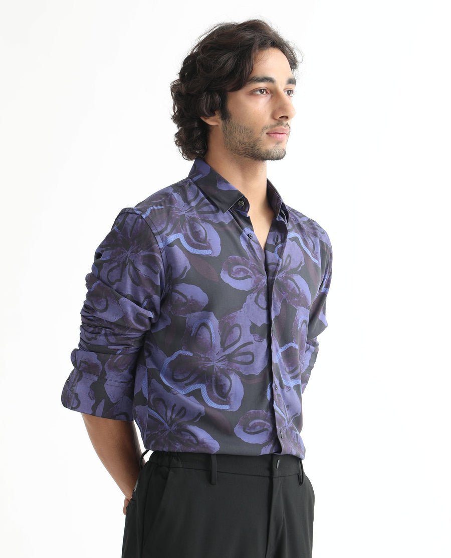 Rare Rabbit Men's Daize Purple Viscose Floral Print Regular Fit Full Sleeve Collared Shirt