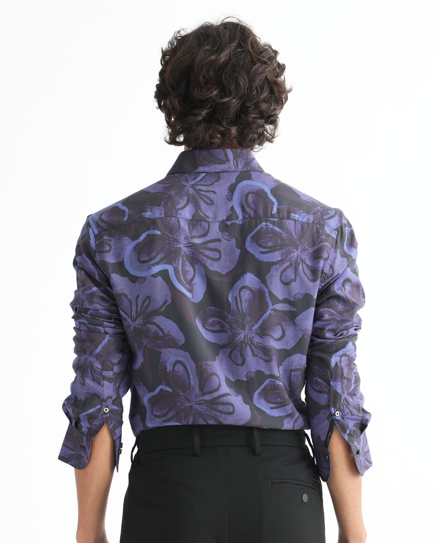 Rare Rabbit Men's Daize Purple Viscose Floral Print Regular Fit Full Sleeve Collared Shirt