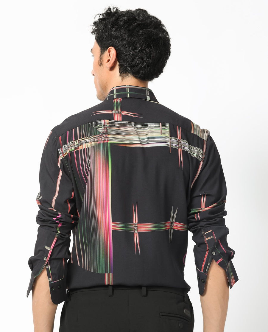 Rare Rabbit Men's Dale Black Viscose Abstract Print Regular Fit Full Sleeve Collared Shirt