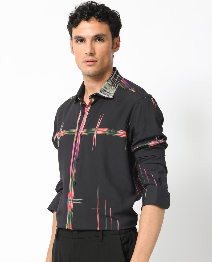 Rare Rabbit Men's Dale Black Viscose Abstract Print Regular Fit Full Sleeve Collared Shirt