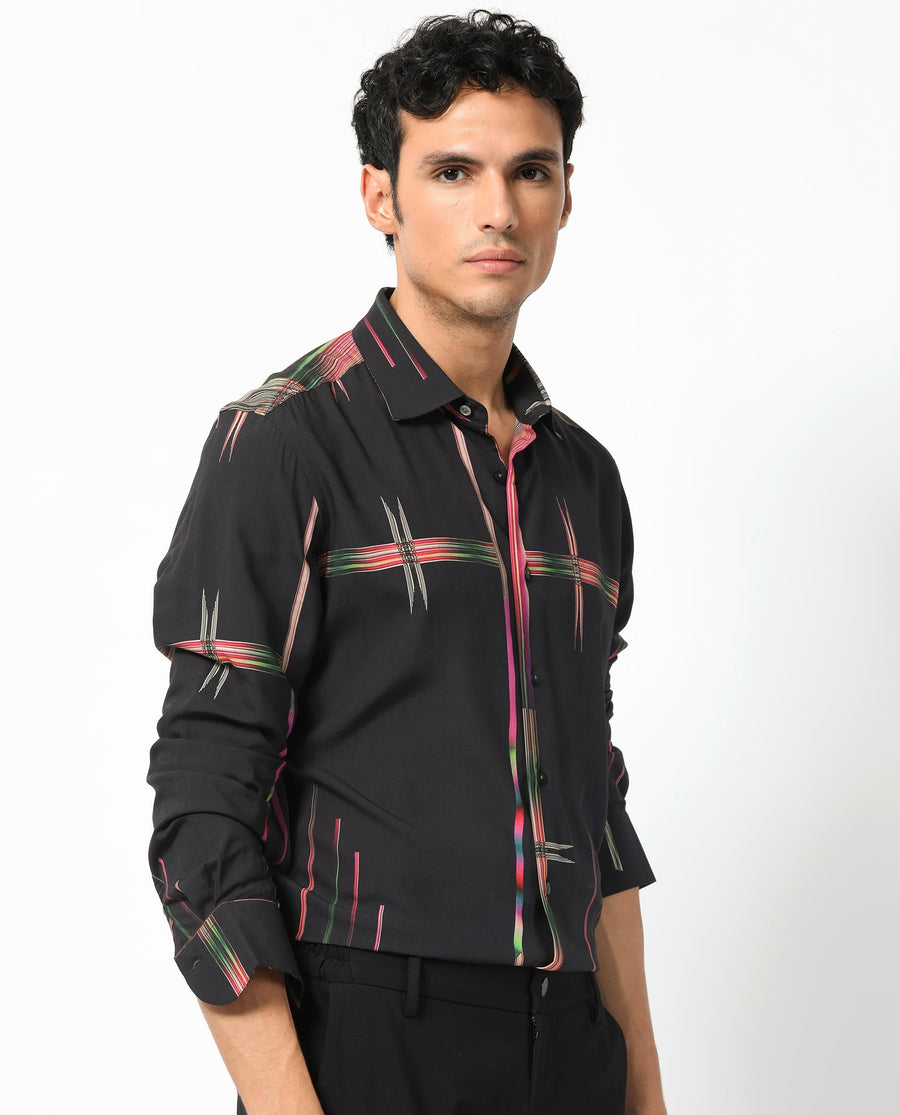 Rare Rabbit Men's Dale Black Viscose Abstract Print Regular Fit Full Sleeve Collared Shirt