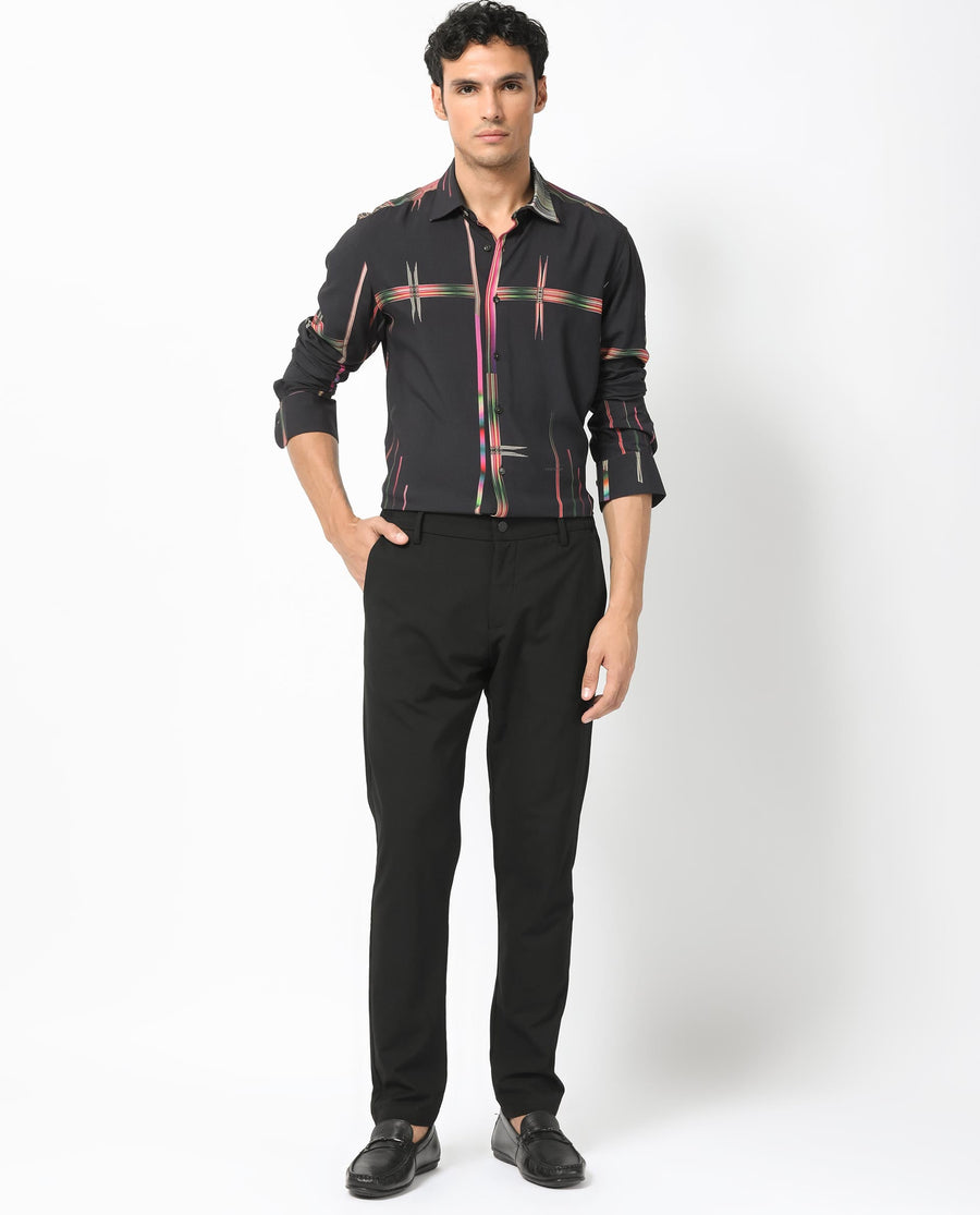Rare Rabbit Men's Dale Black Viscose Abstract Print Regular Fit Full Sleeve Collared Shirt