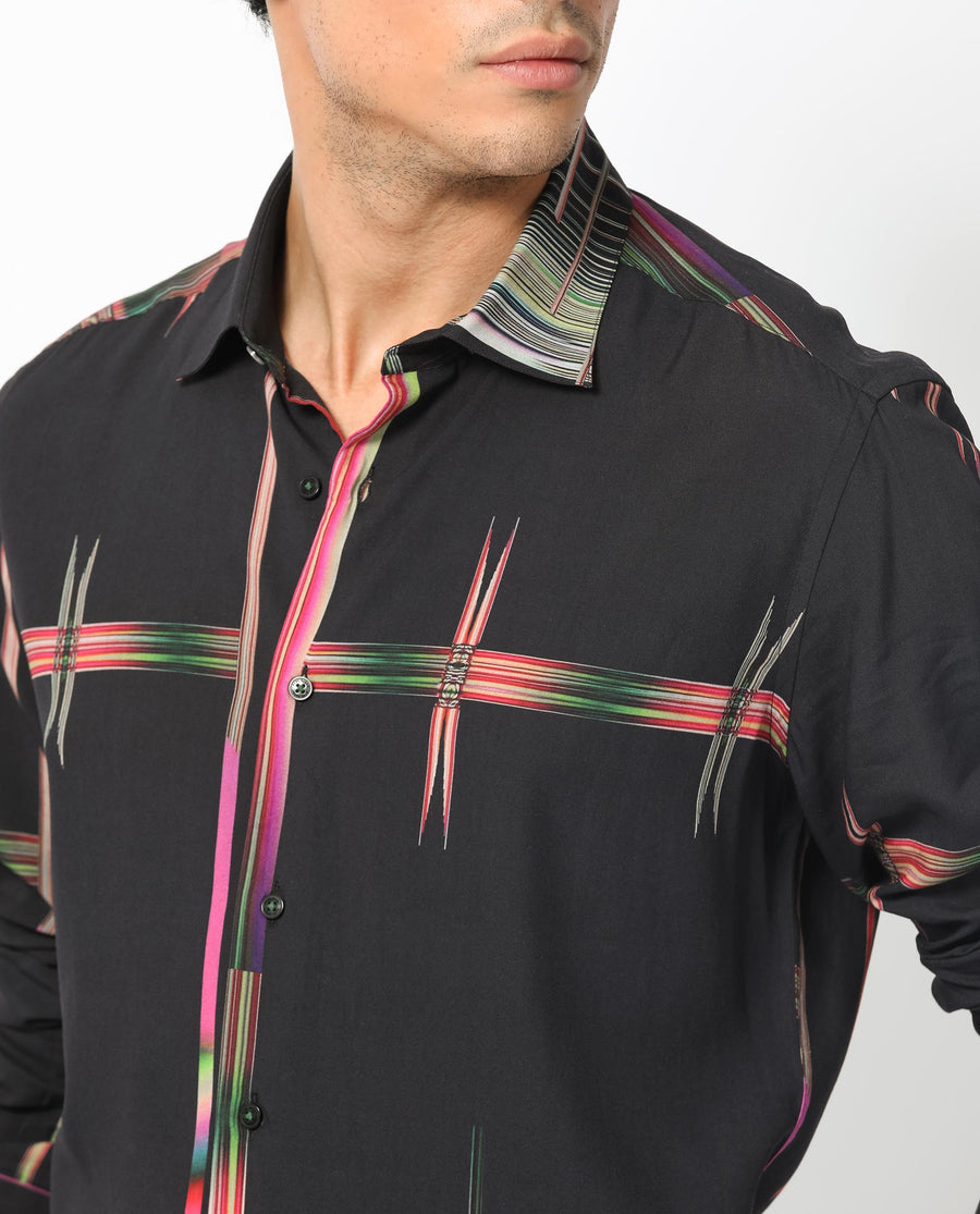 Rare Rabbit Men's Dale Black Viscose Abstract Print Regular Fit Full Sleeve Collared Shirt
