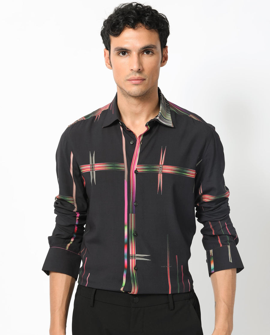 Rare Rabbit Men's Dale Black Viscose Abstract Print Regular Fit Full Sleeve Collared Shirt