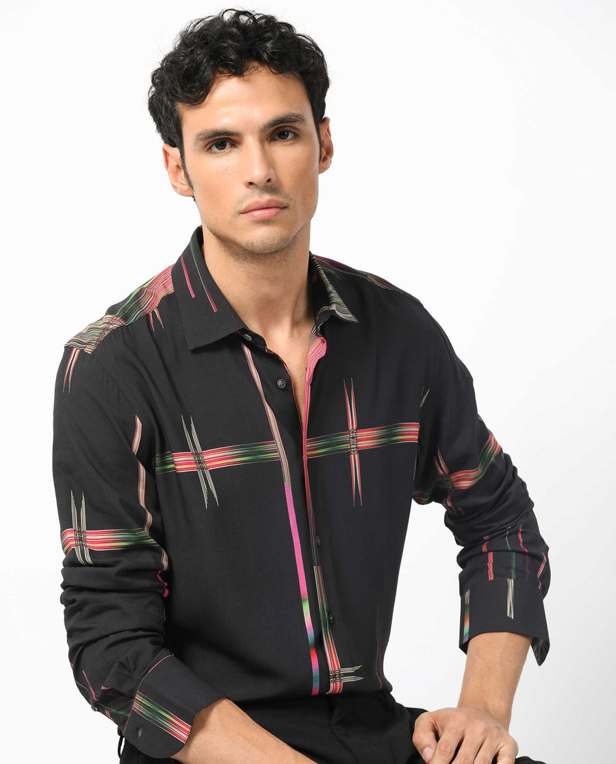 Rare Rabbit Men's Dale Black Viscose Abstract Print Regular Fit Full Sleeve Collared Shirt