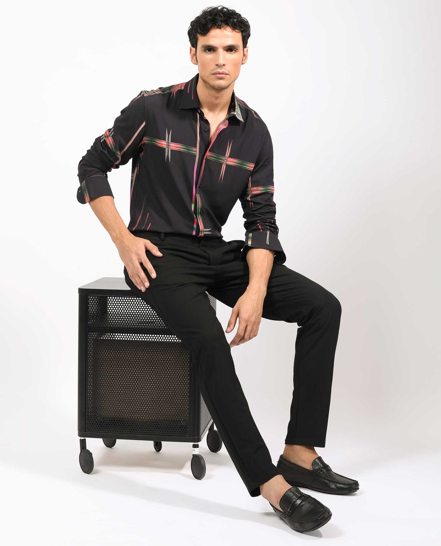 Rare Rabbit Men's Dale Black Viscose Abstract Print Regular Fit Full Sleeve Collared Shirt