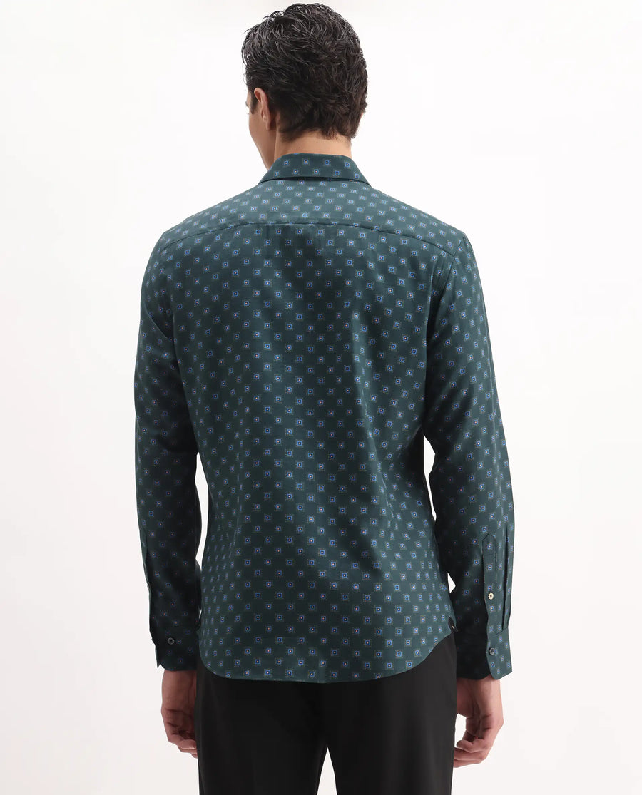 Rare Rabbit Men's Dalk Green Cotton Blend Geometric Print Regular Fit Full Sleeve Collared Shirt
