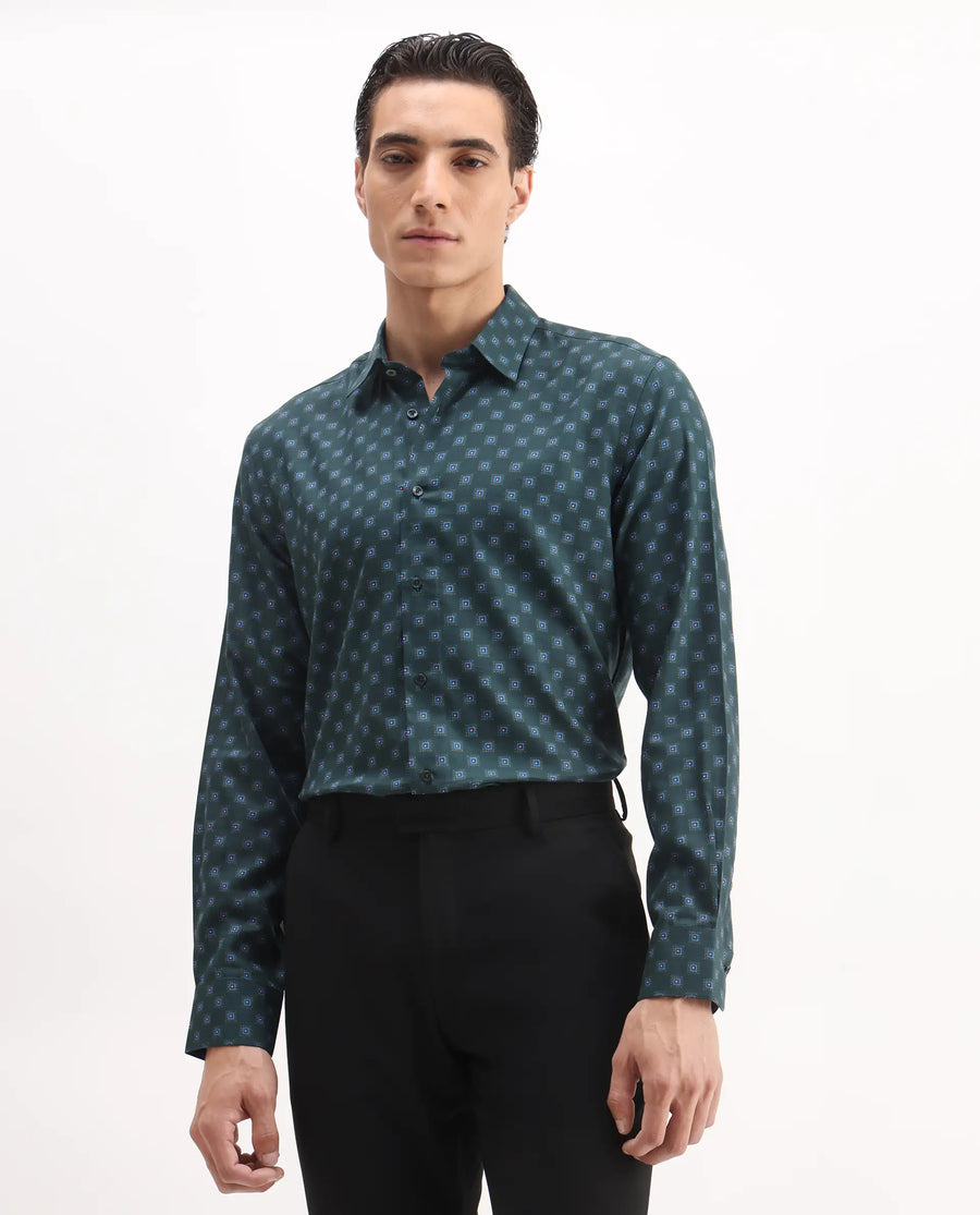 Rare Rabbit Men's Dalk Green Cotton Blend Geometric Print Regular Fit Full Sleeve Collared Shirt