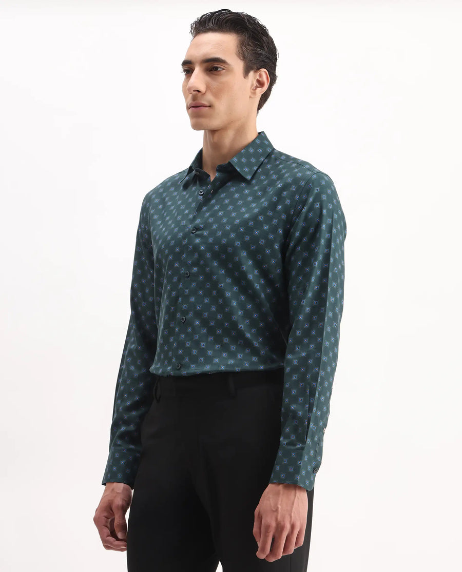Rare Rabbit Men's Dalk Green Cotton Blend Geometric Print Regular Fit Full Sleeve Collared Shirt