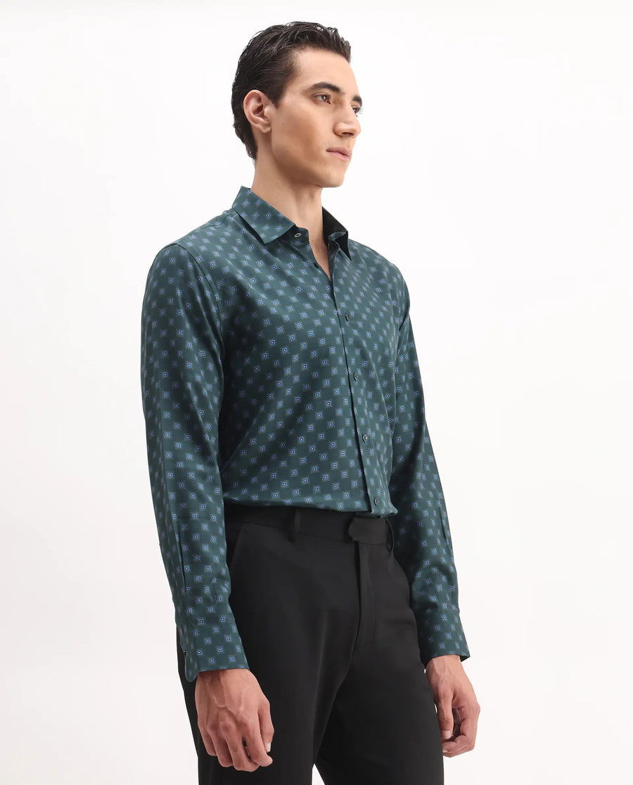 Rare Rabbit Men's Dalk Green Cotton Blend Geometric Print Regular Fit Full Sleeve Collared Shirt