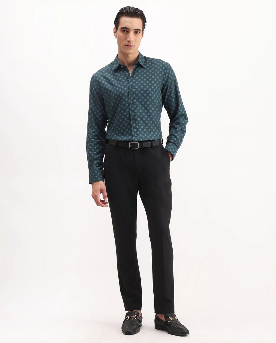 Rare Rabbit Men's Dalk Green Cotton Blend Geometric Print Regular Fit Full Sleeve Collared Shirt