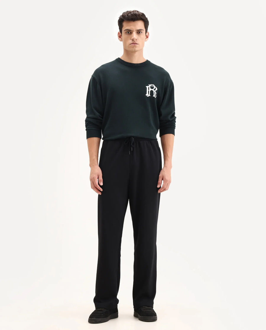 Rare Rabbit Men's Dalton Black Cotton Blend Plain Baggy Fit Trouser