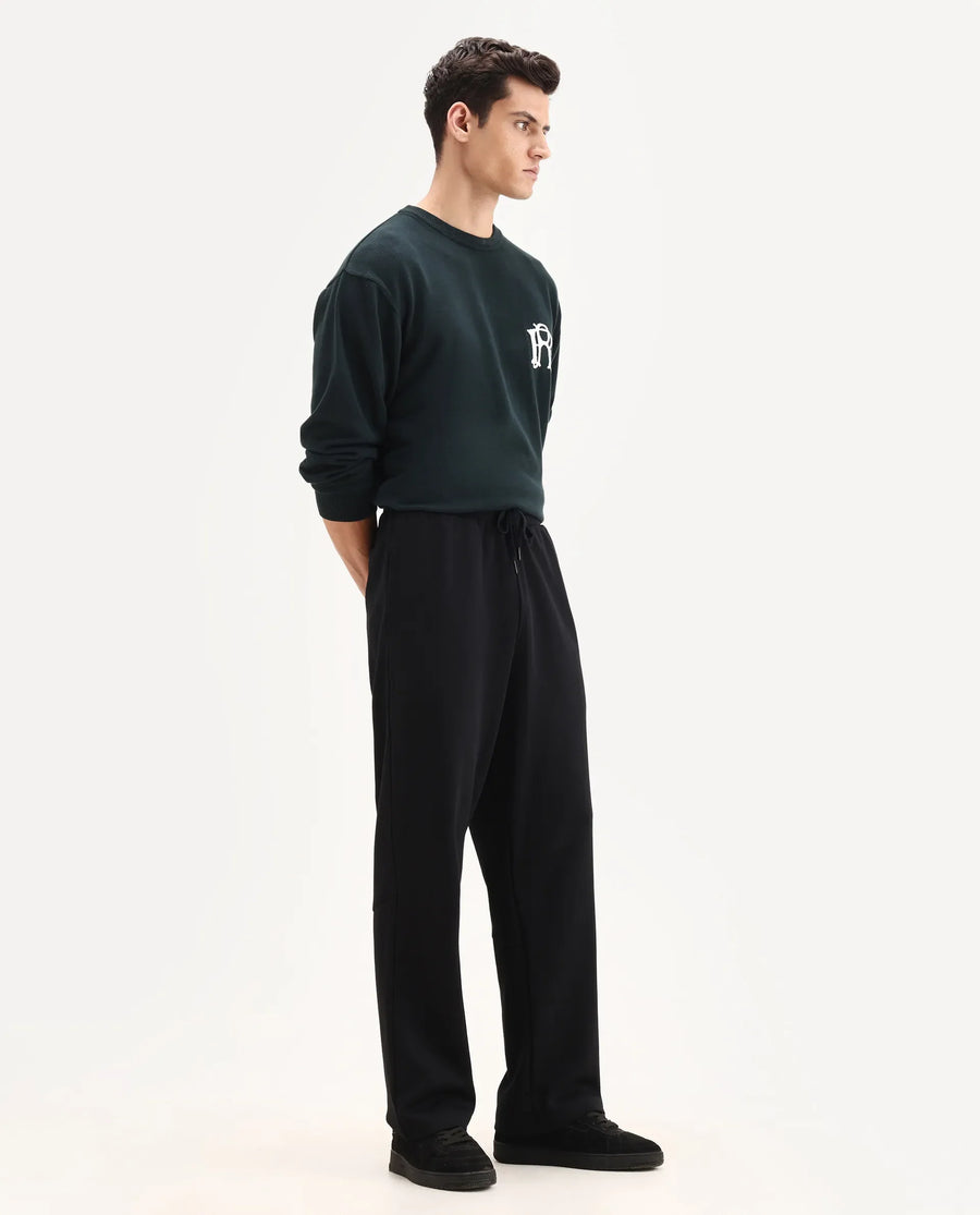 Rare Rabbit Men's Dalton Black Cotton Blend Plain Baggy Fit Trouser