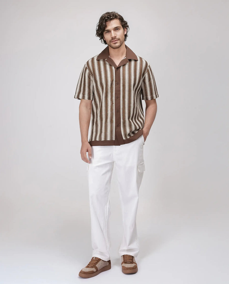 Rare Rabbit Men's Dana Brown Cotton Striped Print Boxy Fit Half Sleeve Cuban Collar Shirt