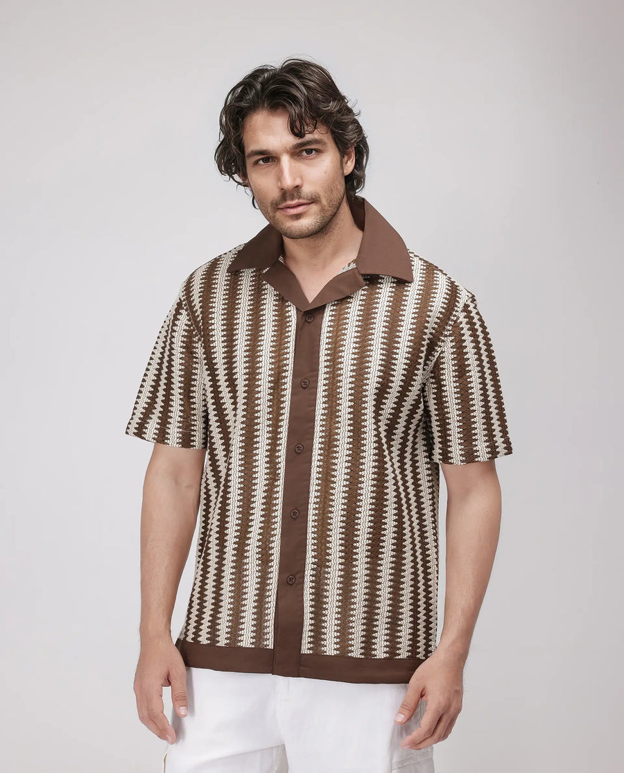Rare Rabbit Men's Dana Brown Cotton Striped Print Boxy Fit Half Sleeve Cuban Collar Shirt