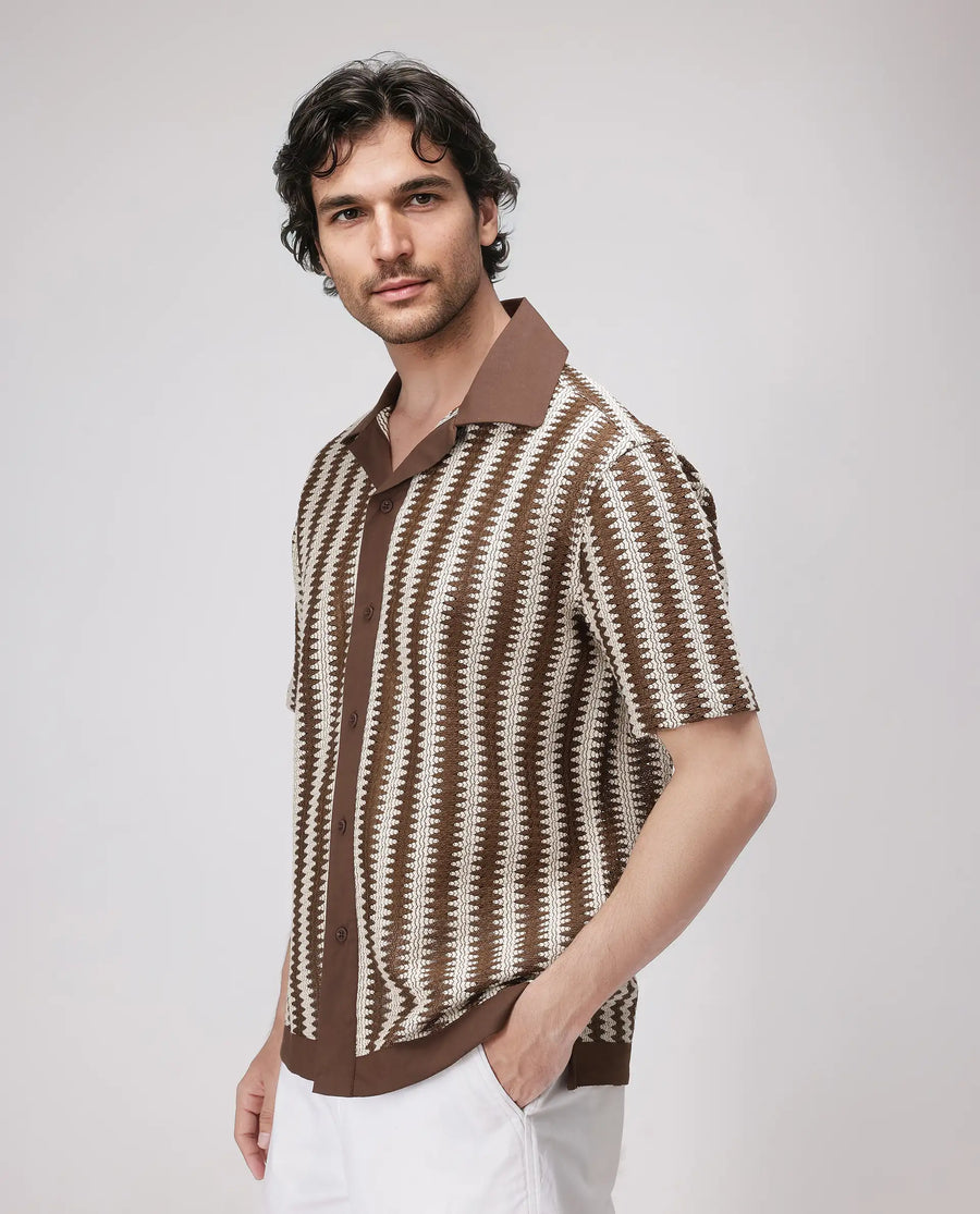 Rare Rabbit Men's Dana Brown Cotton Striped Print Boxy Fit Half Sleeve Cuban Collar Shirt