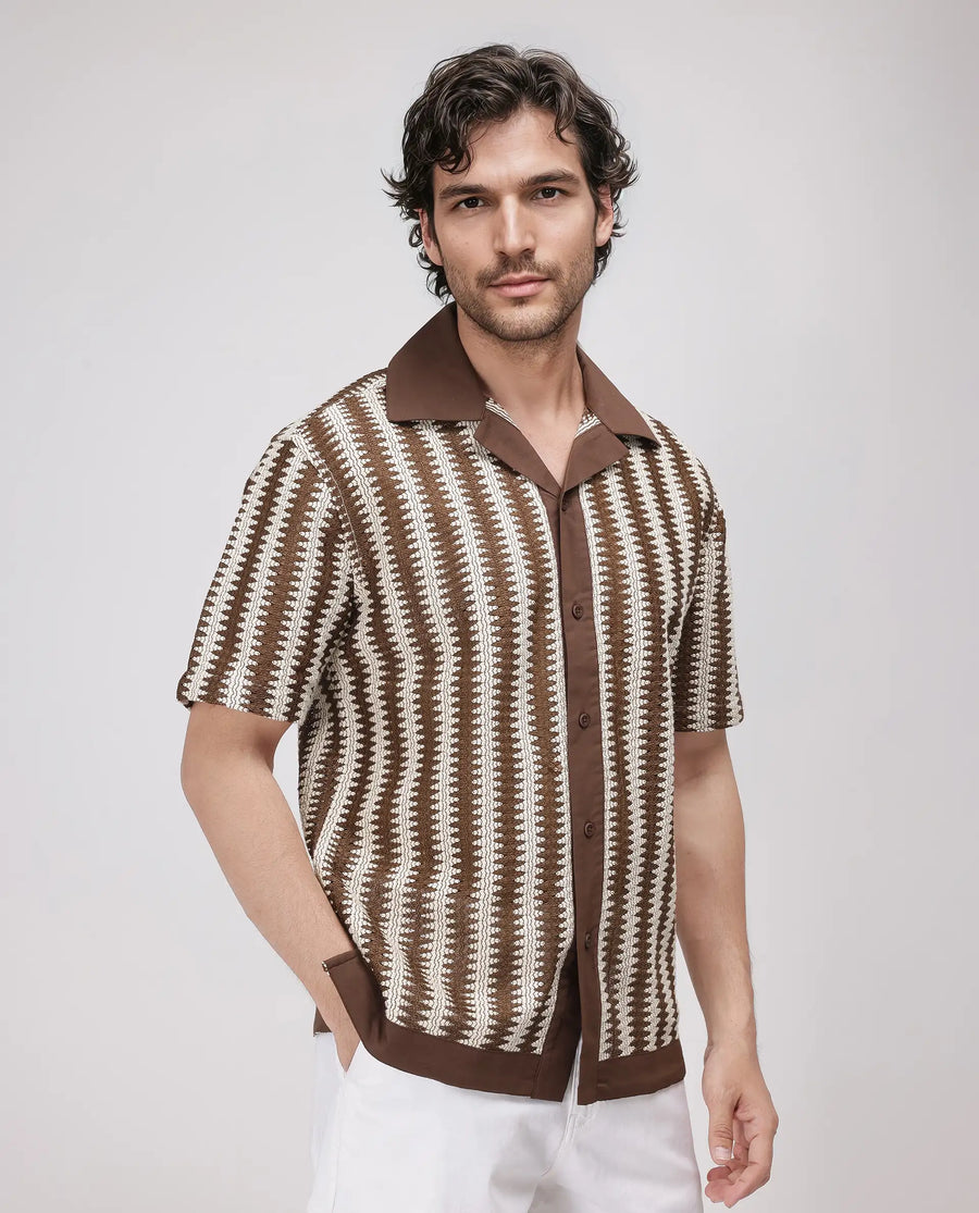 Rare Rabbit Men's Dana Brown Cotton Striped Print Boxy Fit Half Sleeve Cuban Collar Shirt