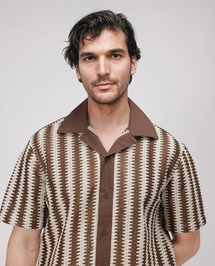 Rare Rabbit Men's Dana Brown Cotton Striped Print Boxy Fit Half Sleeve Cuban Collar Shirt