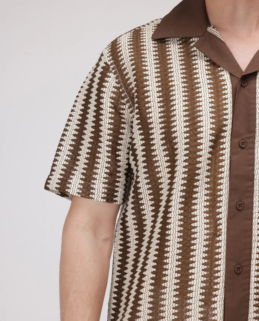 Rare Rabbit Men's Dana Brown Cotton Striped Print Boxy Fit Half Sleeve Cuban Collar Shirt