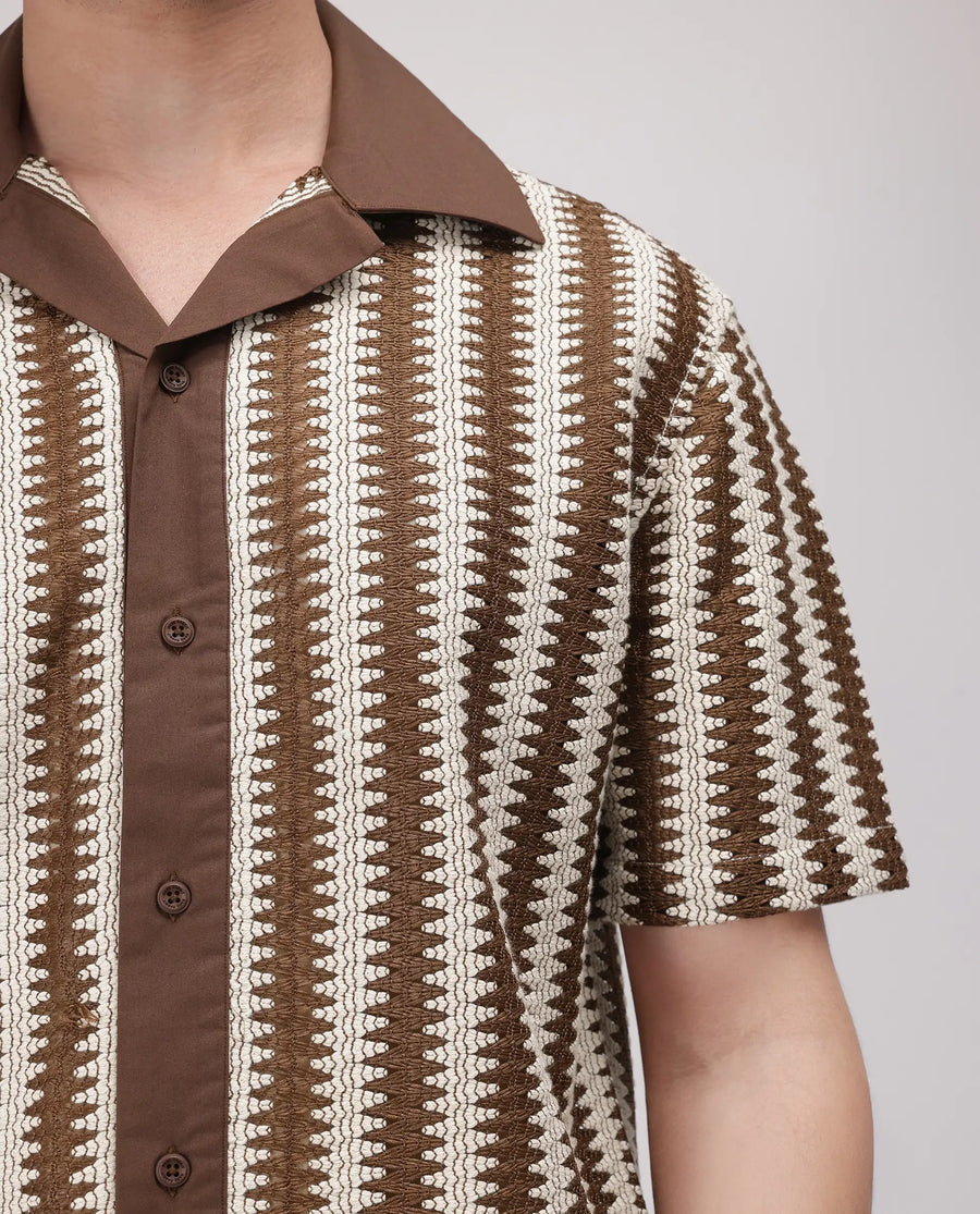 Rare Rabbit Men's Dana Brown Cotton Striped Print Boxy Fit Half Sleeve Cuban Collar Shirt