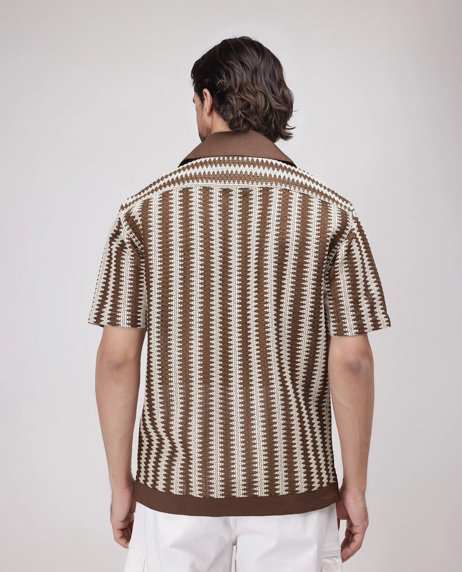 Rare Rabbit Men's Dana Brown Cotton Striped Print Boxy Fit Half Sleeve Cuban Collar Shirt