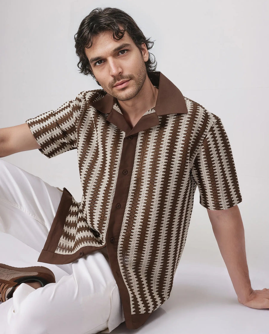 Rare Rabbit Men's Dana Brown Cotton Striped Print Boxy Fit Half Sleeve Cuban Collar Shirt