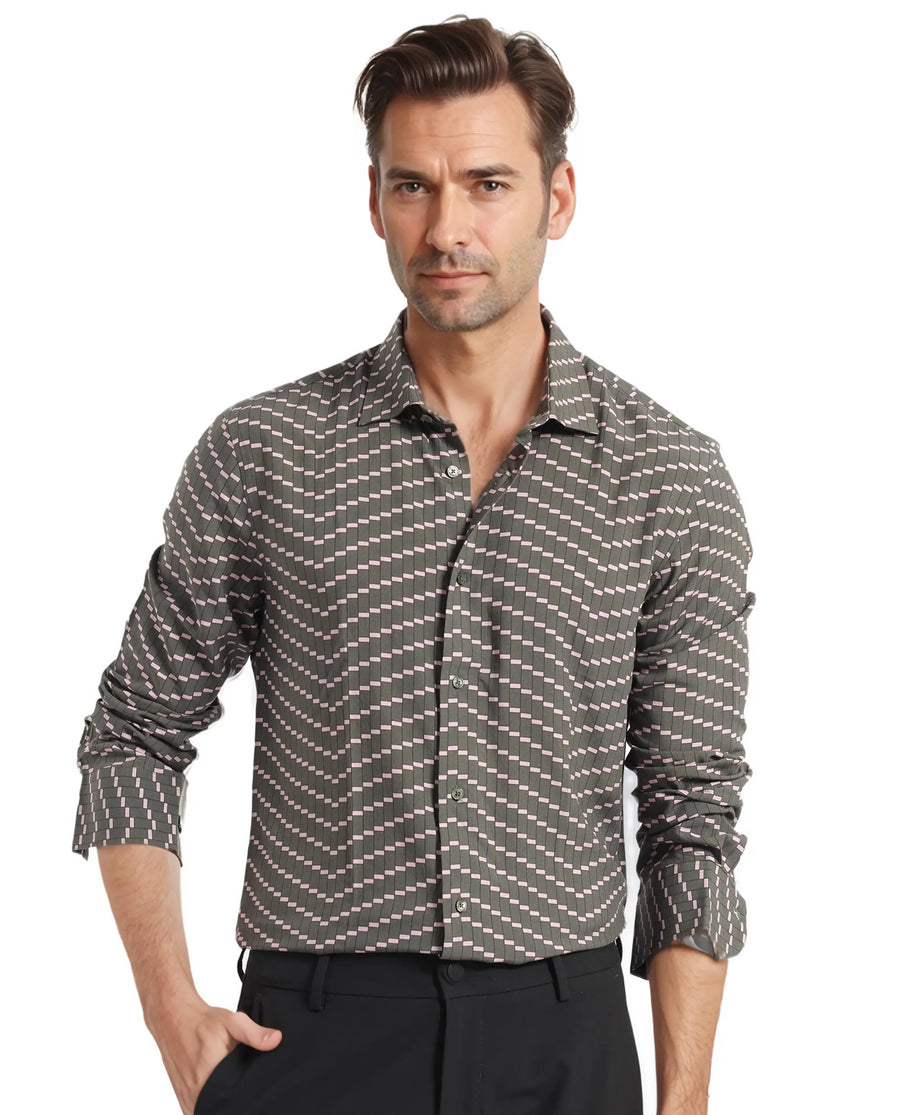 Rare Rabbit Men's Dandy Dark Olive Viscose Printed Regular Fit Full Sleeve Collared Shirt