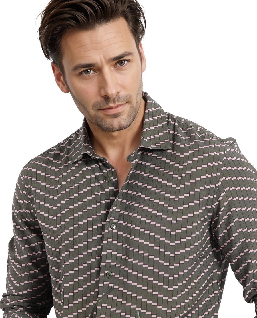 Rare Rabbit Men's Dandy Dark Olive Viscose Printed Regular Fit Full Sleeve Collared Shirt