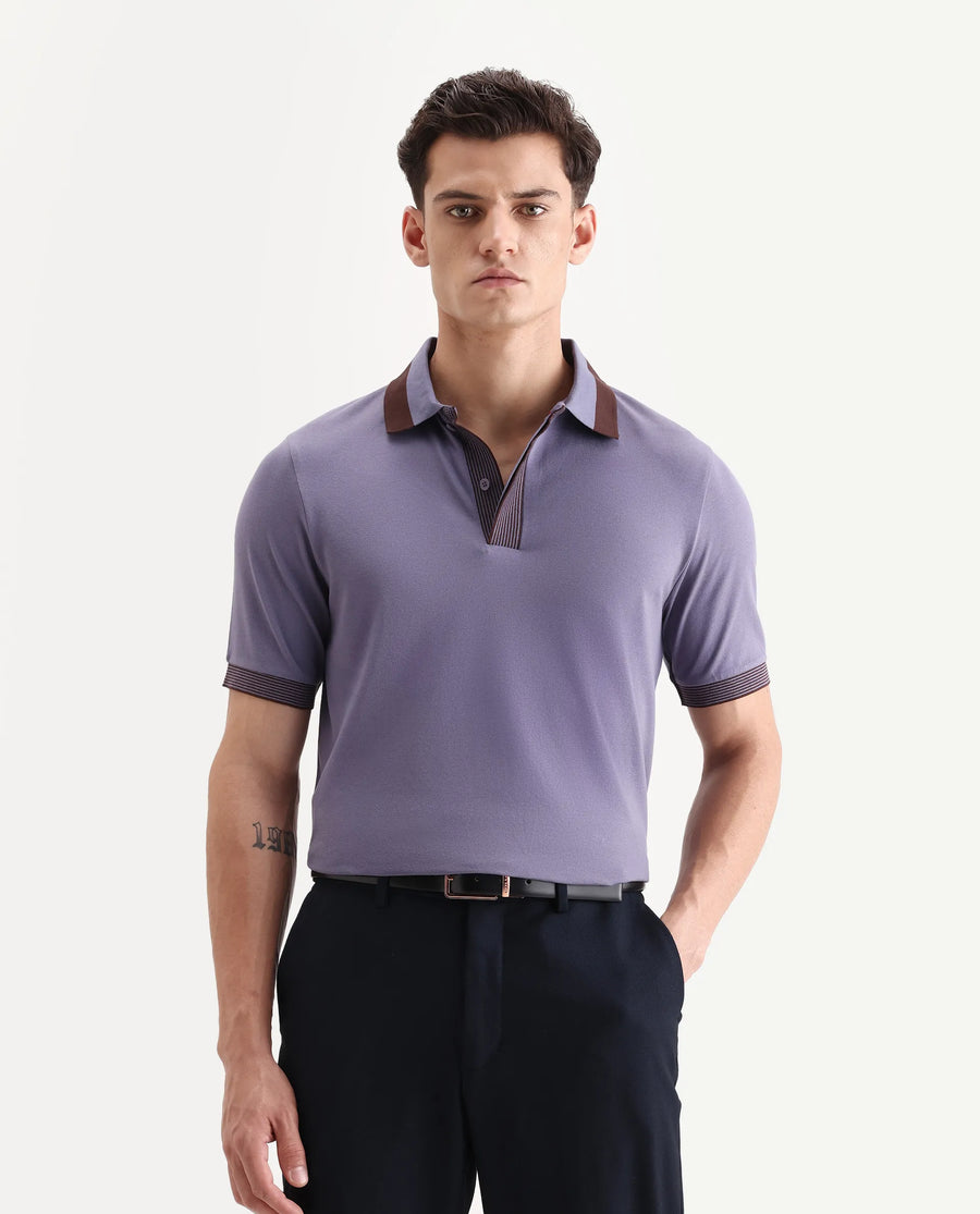 Rare Rabbit Men's Dane Dark Purple Cotton Blend Plain Regular Fit Half Sleeve Polo